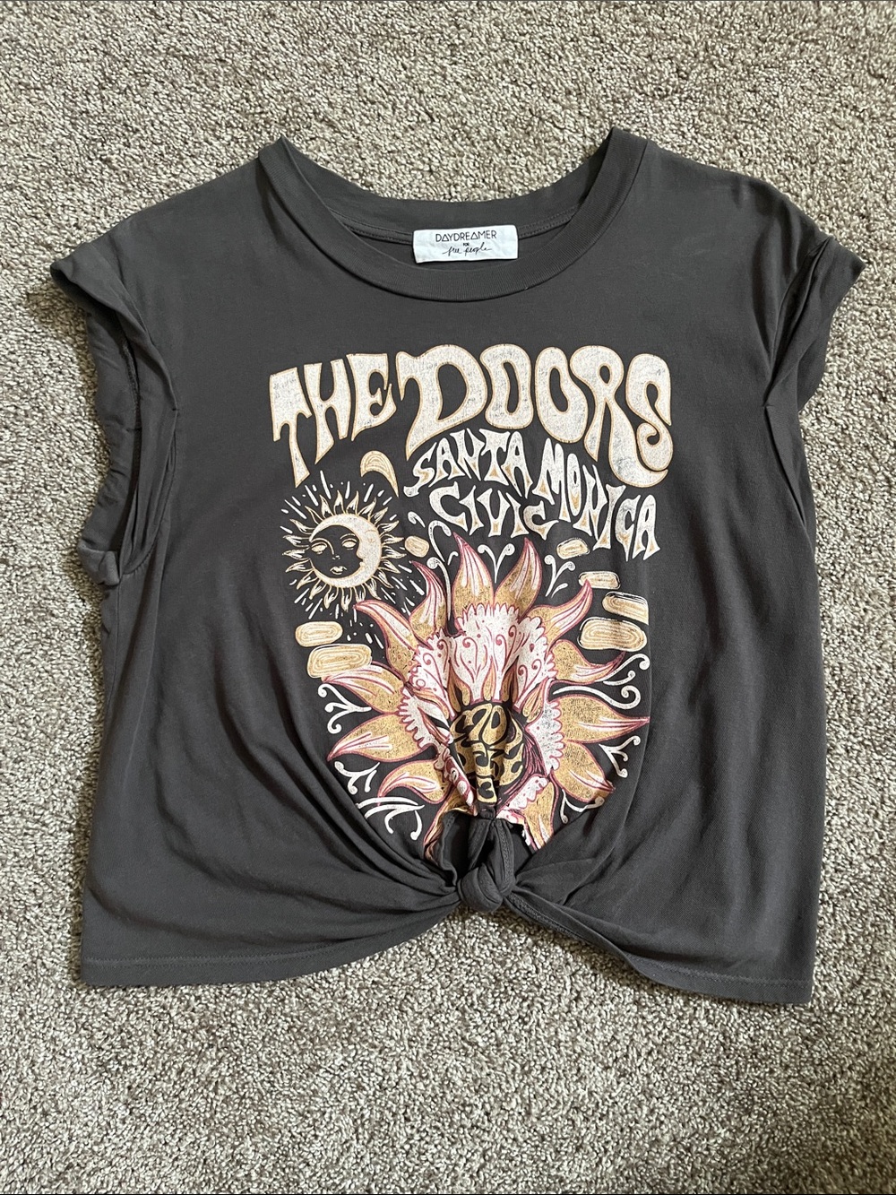 Daydreamer for Free People Washed Black Graphic Tie-Front Women’s Tee Size Small
